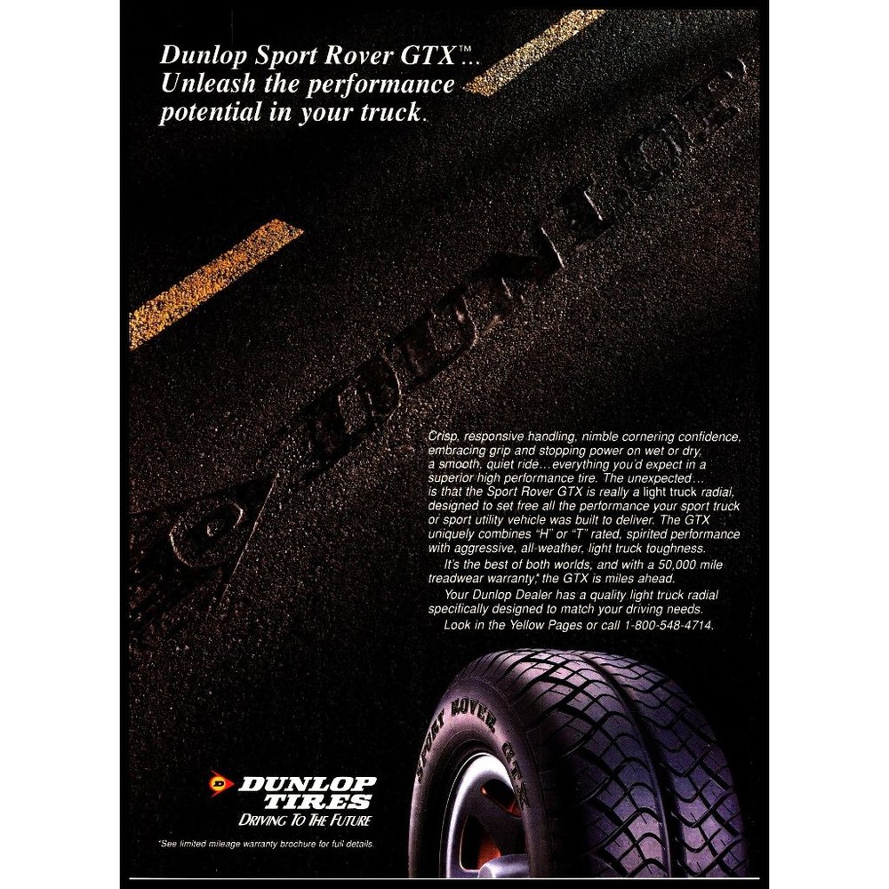 1995 Dunlop Tires Sport Rover GTX Tire Vintage Print Ad Black Asphalt Wall Art